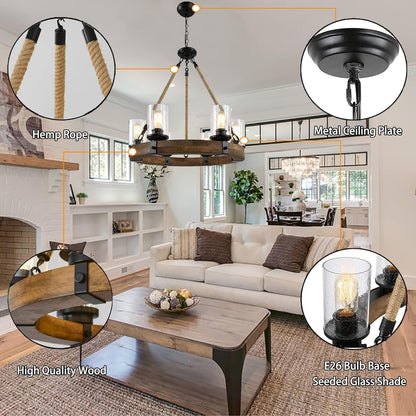 Rustic 6 Light Wagon Wheel Chandelier