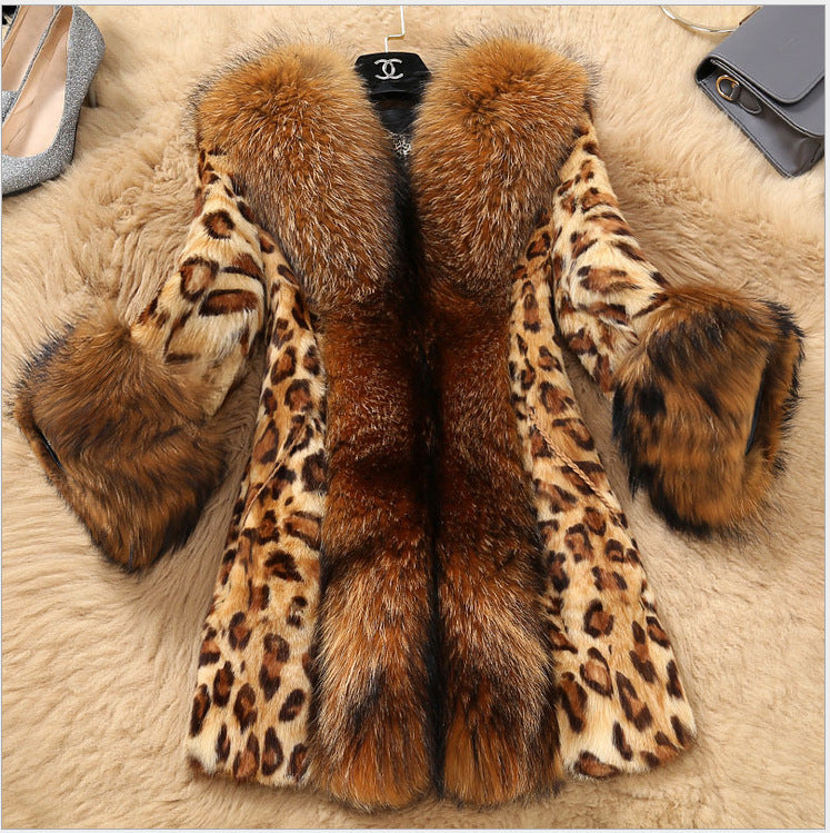 Women's Fox Fur Mid-length Big Collar Leopard Coats