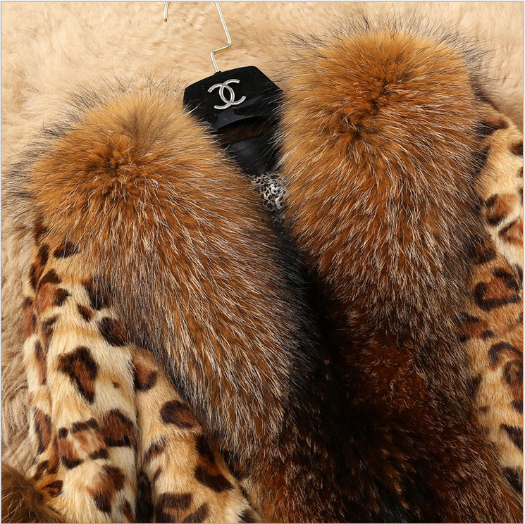 Women's Fox Fur Mid-length Big Collar Leopard Coats