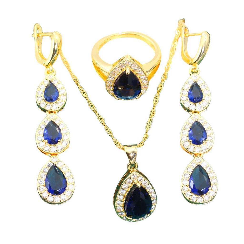 Blue Water Drop Zircon Necklace Earring Ring Bracelet 3-piece Set