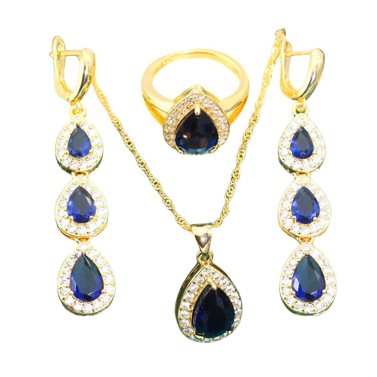 Blue Water Drop Zircon Necklace Earring Ring Bracelet 3-piece Set