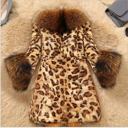 Women's Fox Fur Mid-length Big Collar Leopard Coats