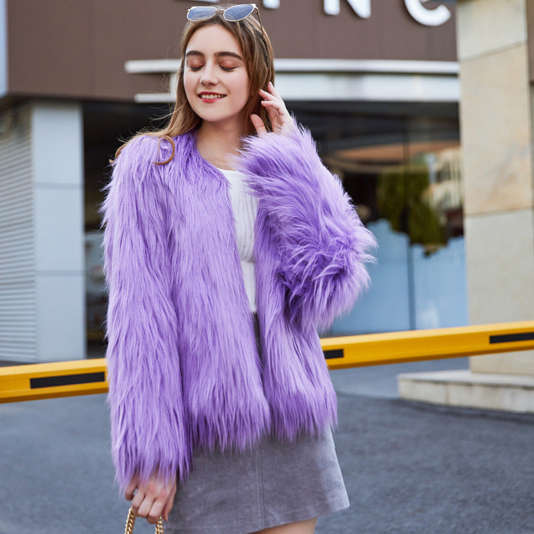 Women's Fur Imitation Pure Color Washed Long Coats