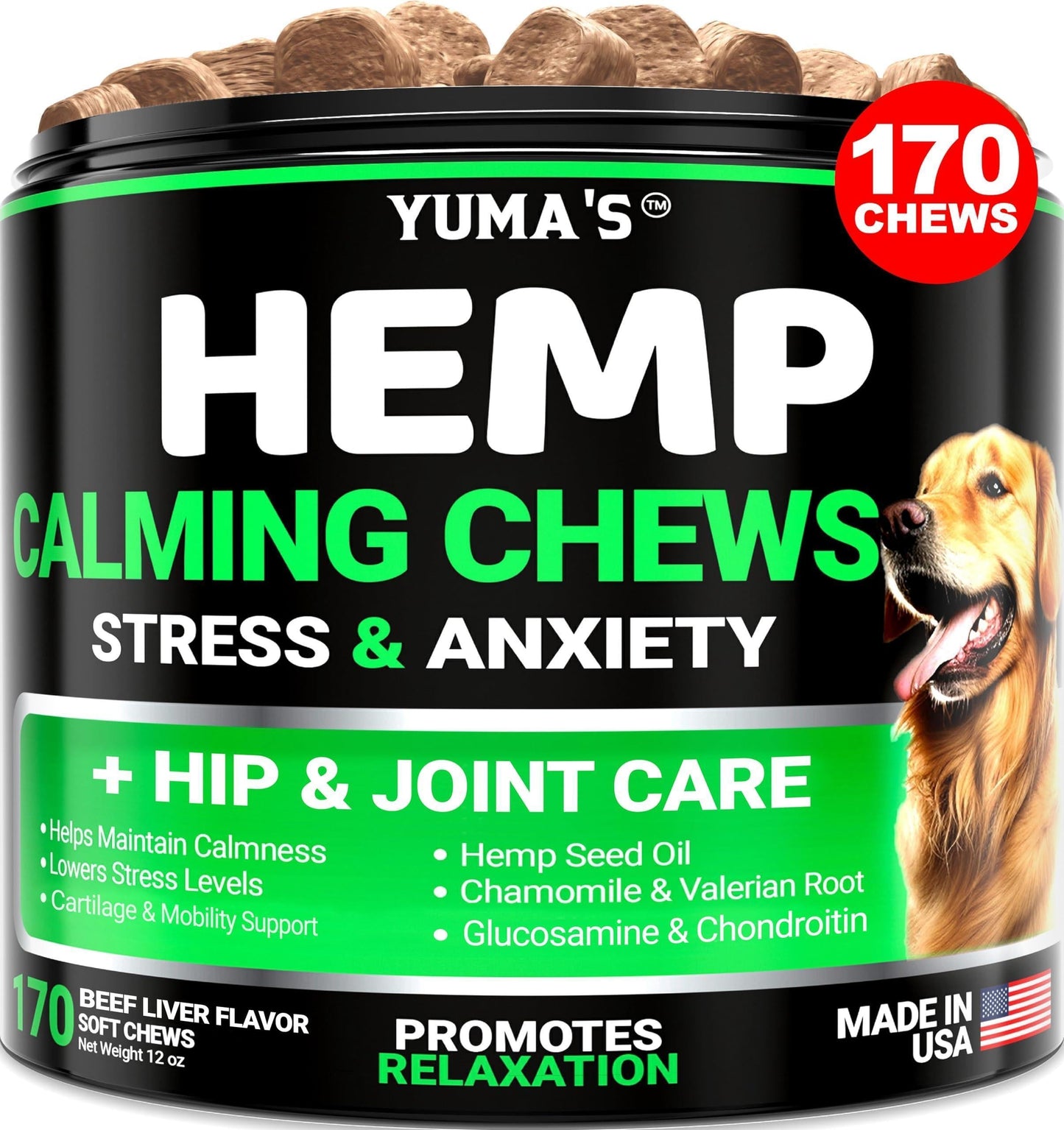 Hemp Calming Chews for Dogs   Advanced Dog Calming Chews   170 Treats   Anxiety Relief Treats   Hemp Oil   Separation Aid Stress Hip and Joint Supplement for Canine Health Support   Beef Flavor