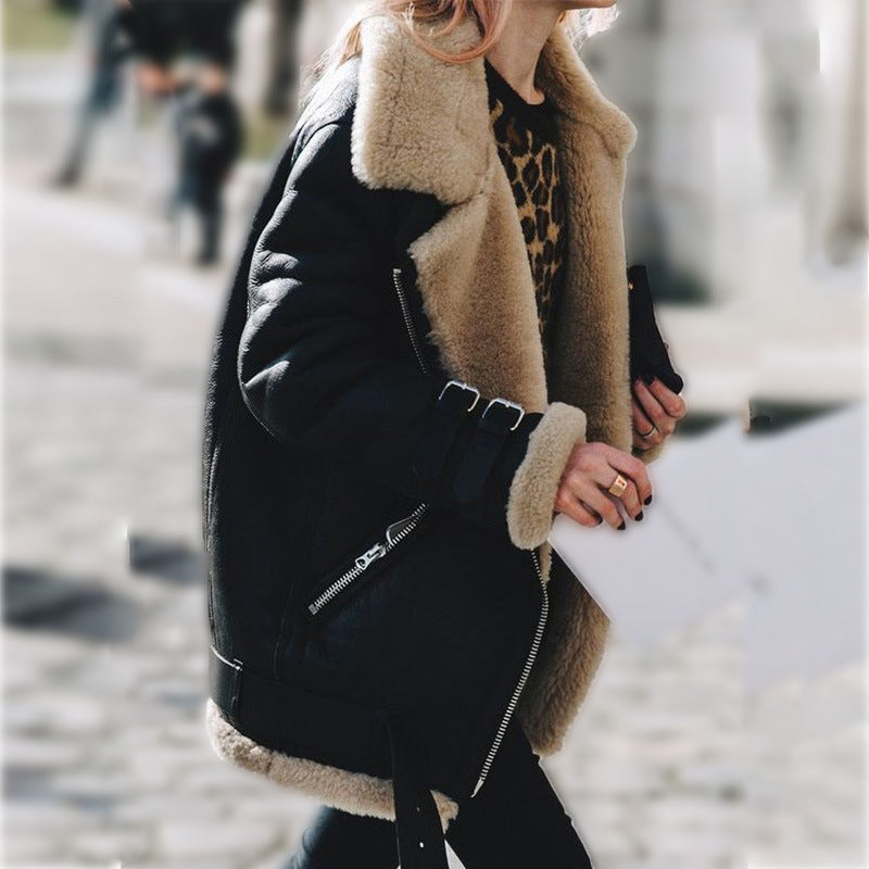 Women's Thickened Lamb Fur Warm Deerskin Veet Motorcycle Coats