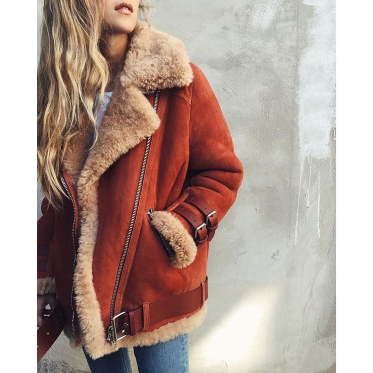Women's Thickened Lamb Fur Warm Deerskin Veet Motorcycle Coats