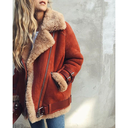 Women's Thickened Lamb Fur Warm Deerskin Veet Motorcycle Coats