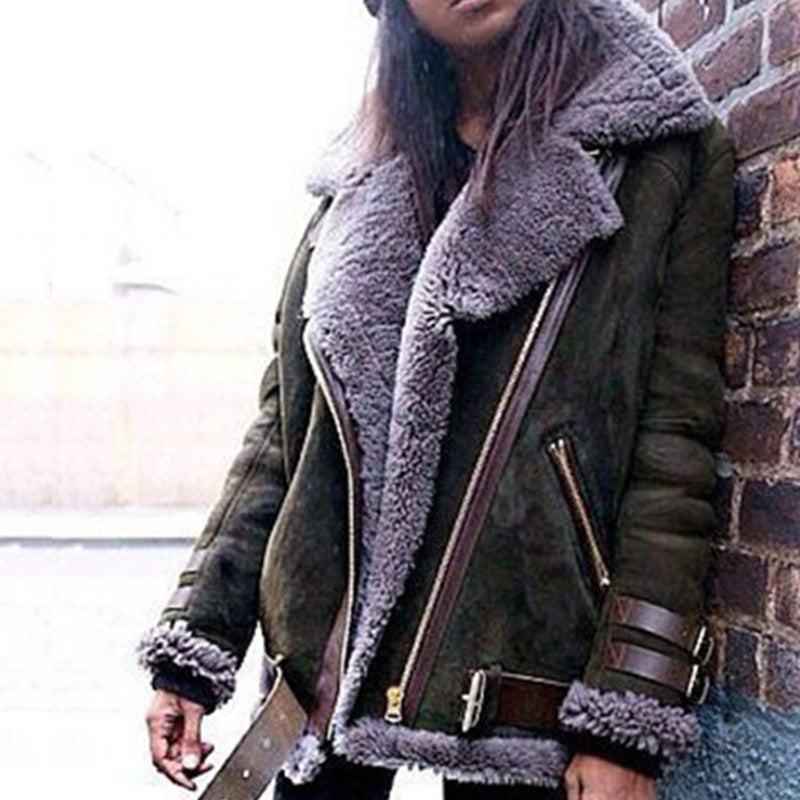Women's Thickened Lamb Fur Warm Deerskin Veet Motorcycle Coats