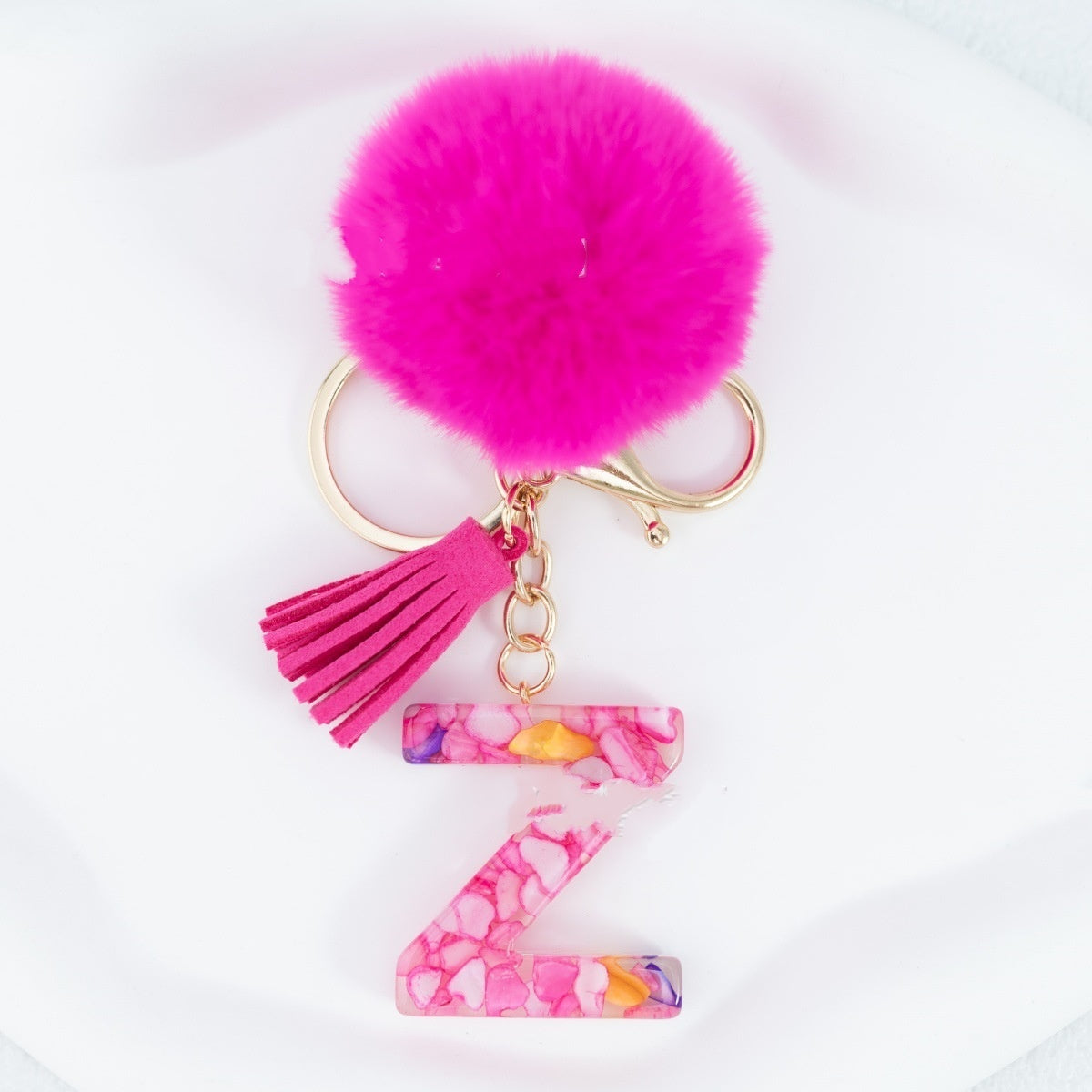 Rose Red Stone 26 English Letters Keychain Fur Ball Tassel Key Bag Pendant