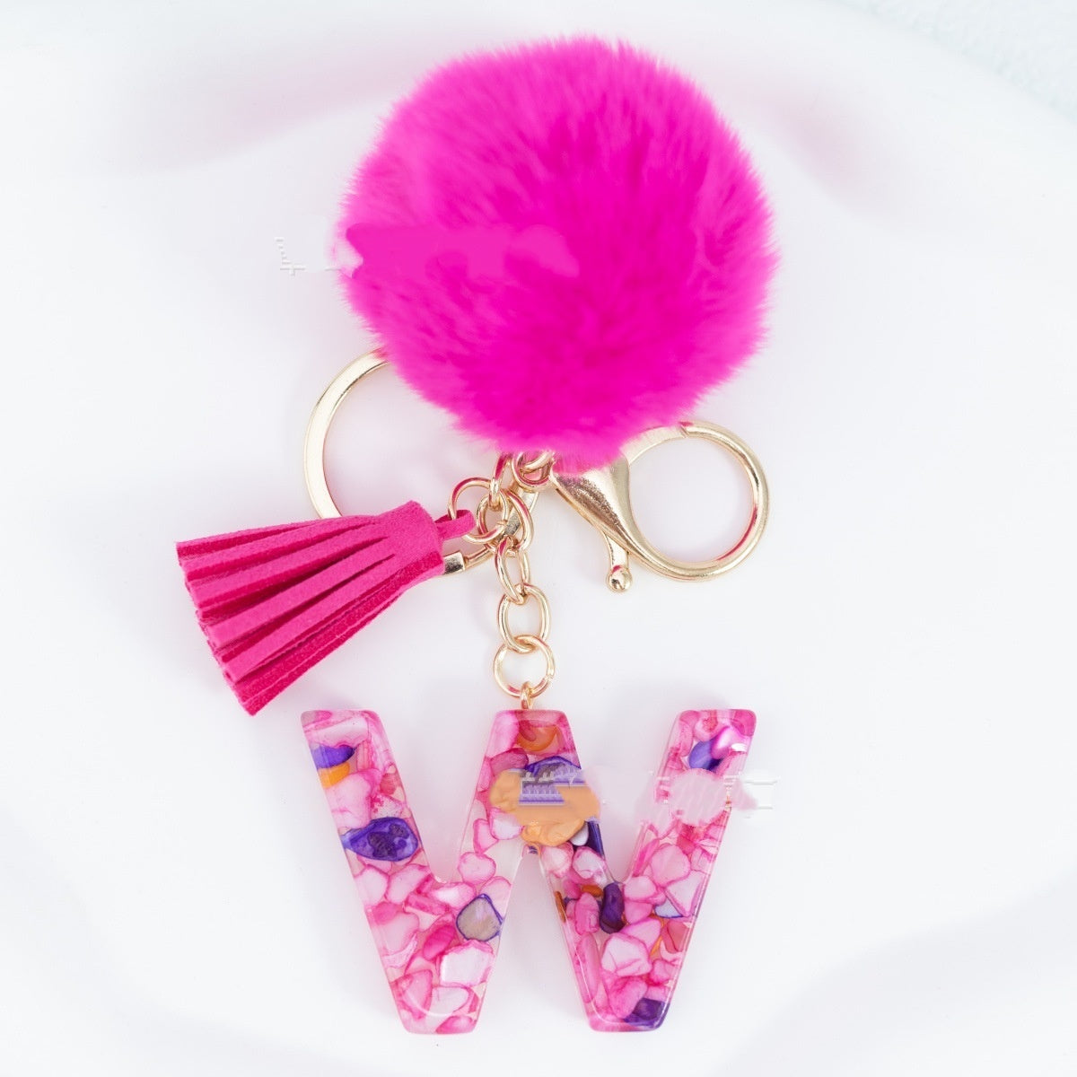 Rose Red Stone 26 English Letters Keychain Fur Ball Tassel Key Bag Pendant