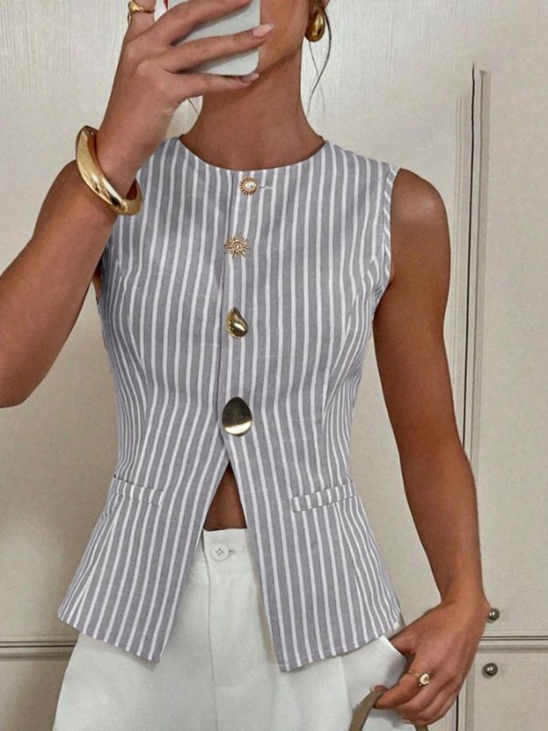 Striped Single-Breasted Vest Fashionable Round-Neck Irregular-Button Tank Top