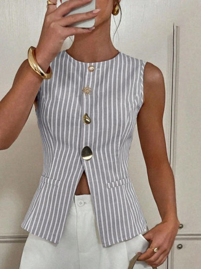 Striped Single-Breasted Vest Fashionable Round-Neck Irregular-Button Tank Top