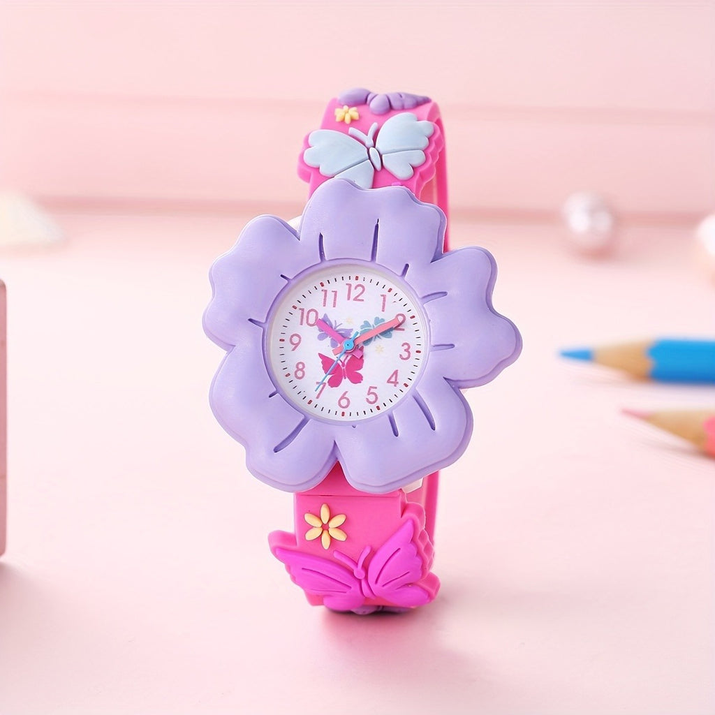 Student Girl Children Cartoon Color Cute Flowers Pattern Silicone Quartz Watch