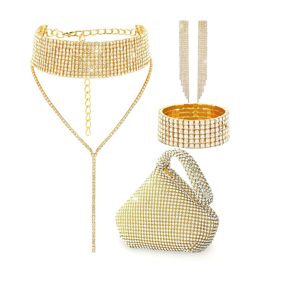 European And American Full Diamond Banquet Package Tassel Bracelet Earrings Necklace Set