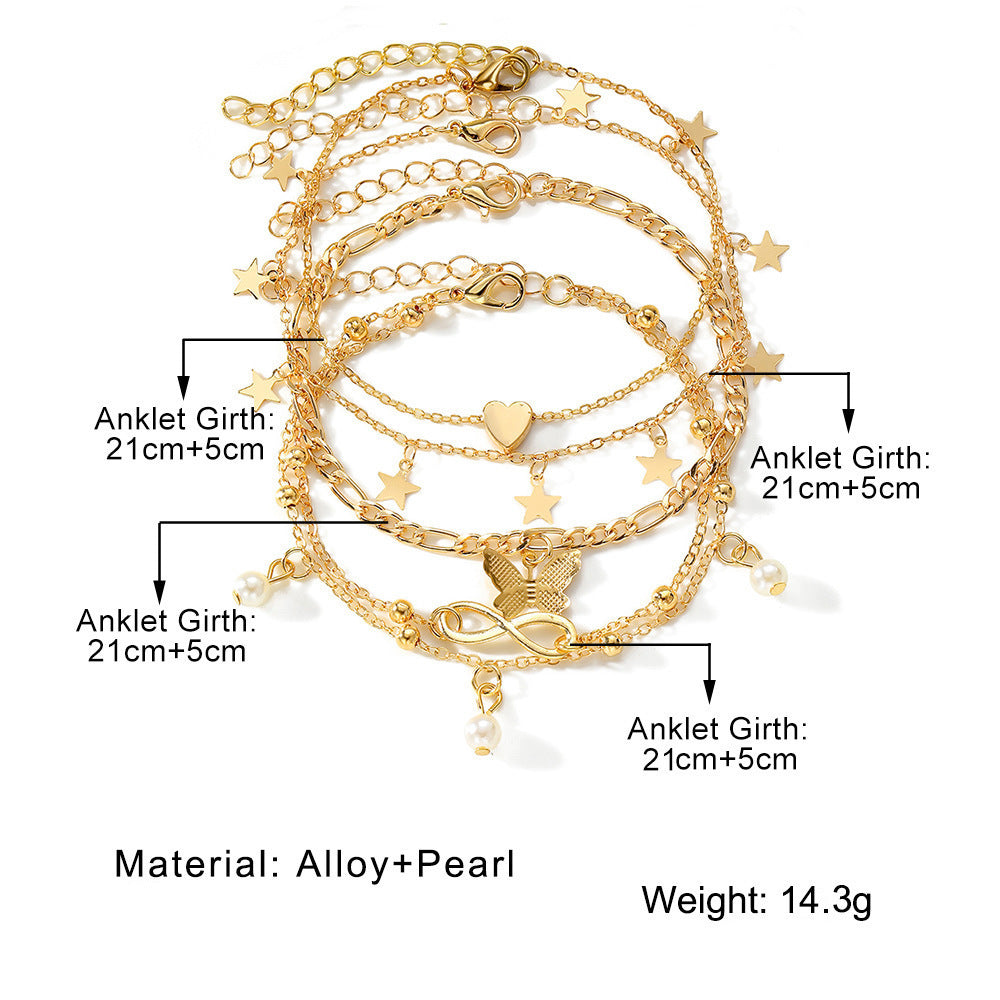 Best Seller In Europe And America Butterfly Pearl Heart Anklet 4-piece Set Multi-layer