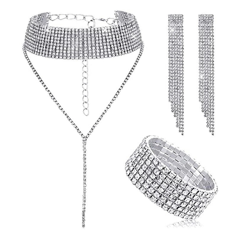 European And American Full Diamond Banquet Package Tassel Bracelet Earrings Necklace Set