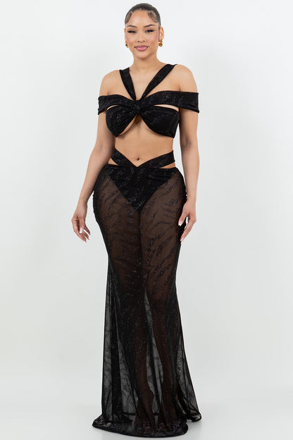 Mesh Glitter Resort Wear Beach Summer Black Skirt Set
