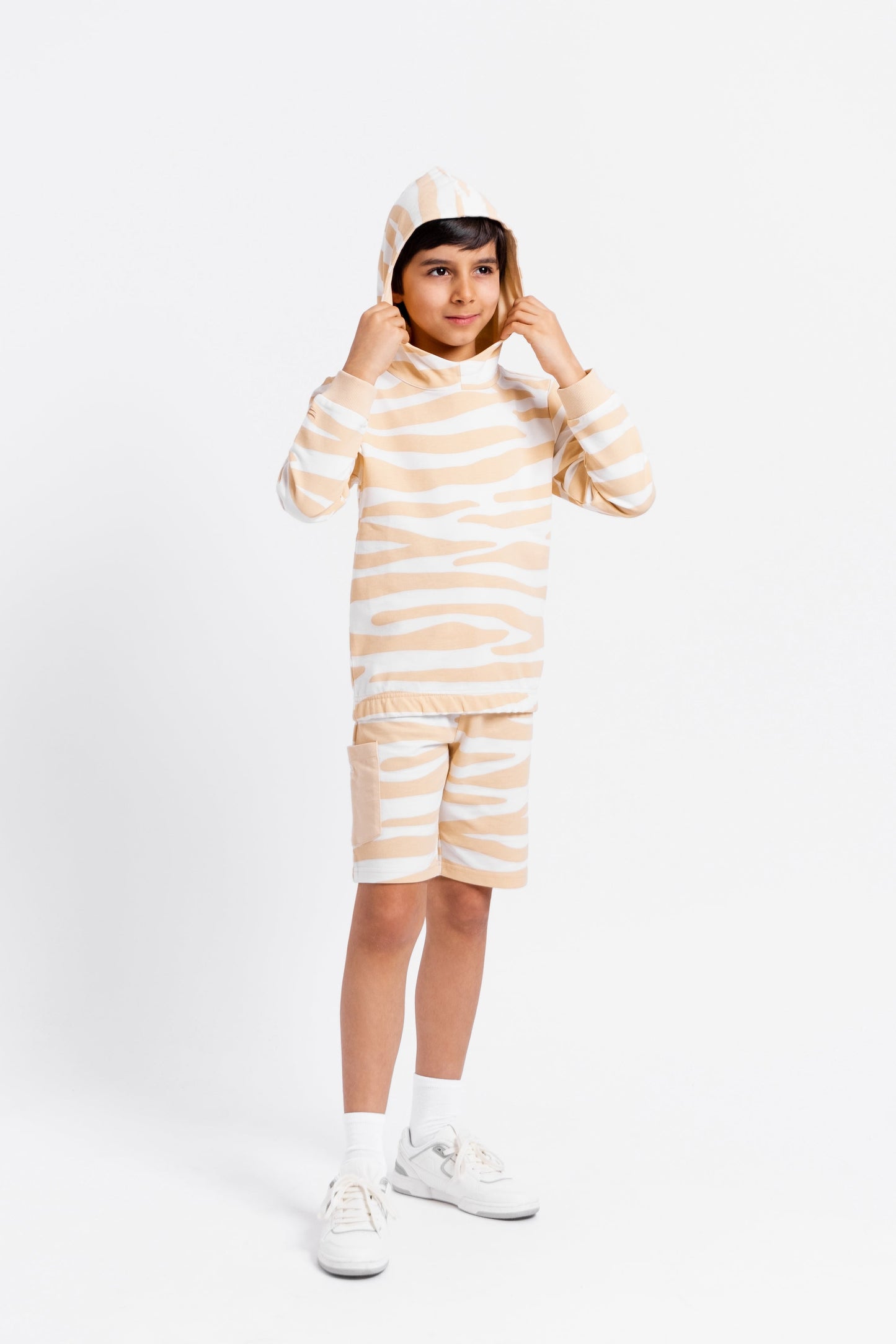 Cargo Pocket Shorts with Drawstring Waistband in (Neutral Zebra) Pattern - Ecru