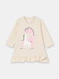 Short Sleeve Flutter Trim Dress with (Baby Kiss) Graphic - Ecru