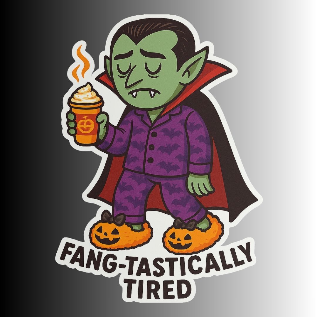 Funny Dracula Halloween Sticker "FANG-TASTICALLY TIRED"