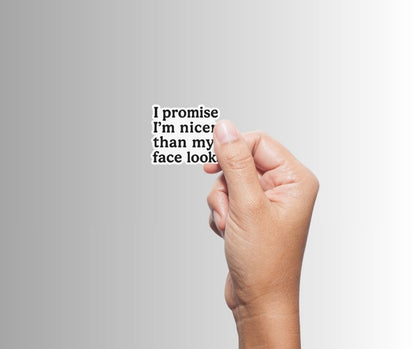 "I promise I'm nicer than my face looks" Sarcastic Sticker
