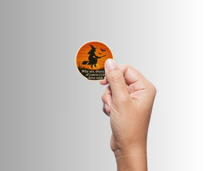 Funny Spooky Witch Halloween Sticker "Witch Driving Stick"