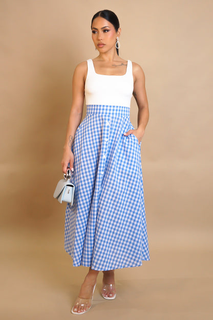 Vintage Look White & Plaid Flare Midi Dress- Red or Blue