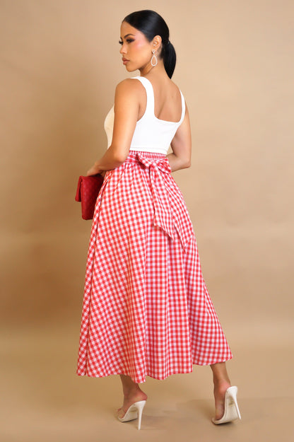 Vintage Look White & Plaid Flare Midi Dress- Red or Blue