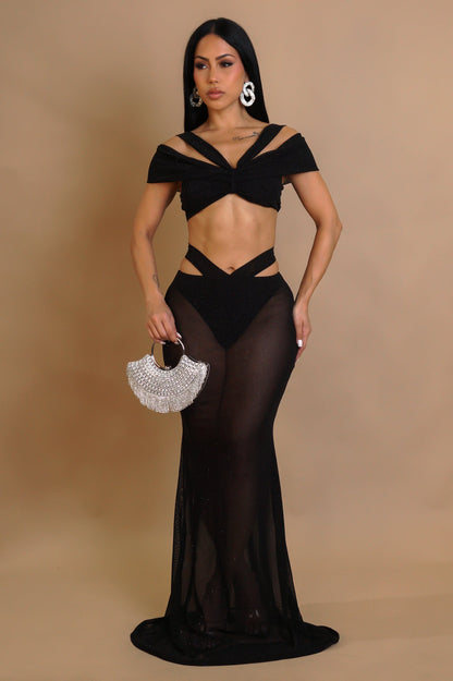 Mesh Glitter Resort Wear Beach Summer Black Skirt Set