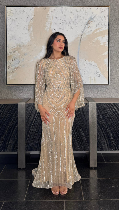 Anisa Modest Long Flare Wrist Sleeve Beaded Mermaid Gown