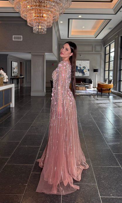 Inaya Long Drape Sleeves Beaded A-line Gown