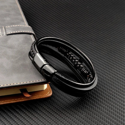 Boho Personalized Men's Family Name Bracelet Black Cross Woven Leather With Stainless Steel Charm Bracelet Custom Name Jewelry