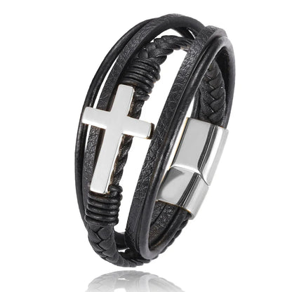 Boho Personalized Men's Family Name Bracelet Black Cross Woven Leather With Stainless Steel Charm Bracelet Custom Name Jewelry