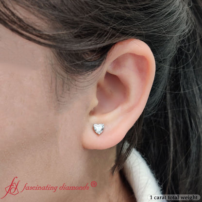 3 Prong Heart Shaped Diamond Solitaire Stud Earring in Basket Setting