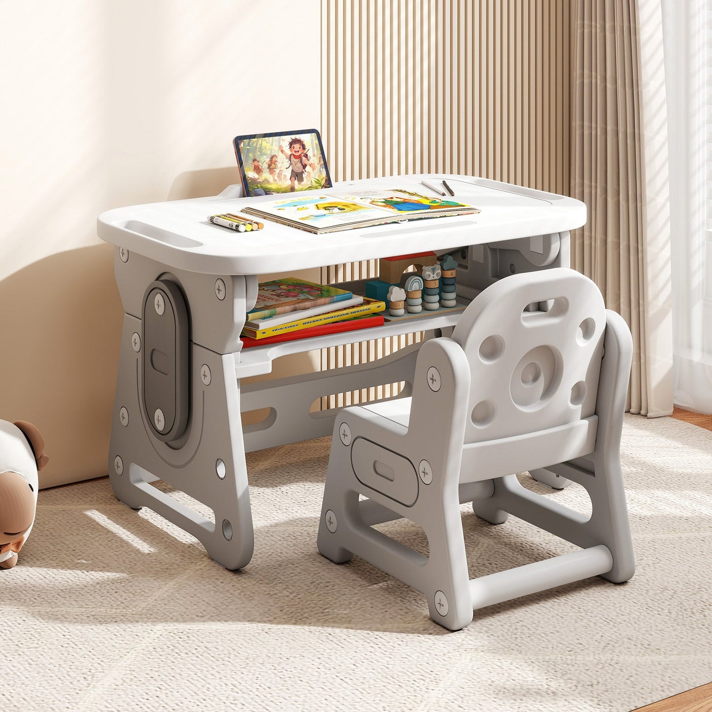 Height Adjustable Kids Table and Chair Set with Tiltable Whiteboard and Concave Shelf
