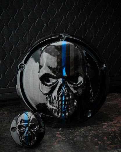 Points and Derby cover with Thin blue line ghosted American flag gloss black background