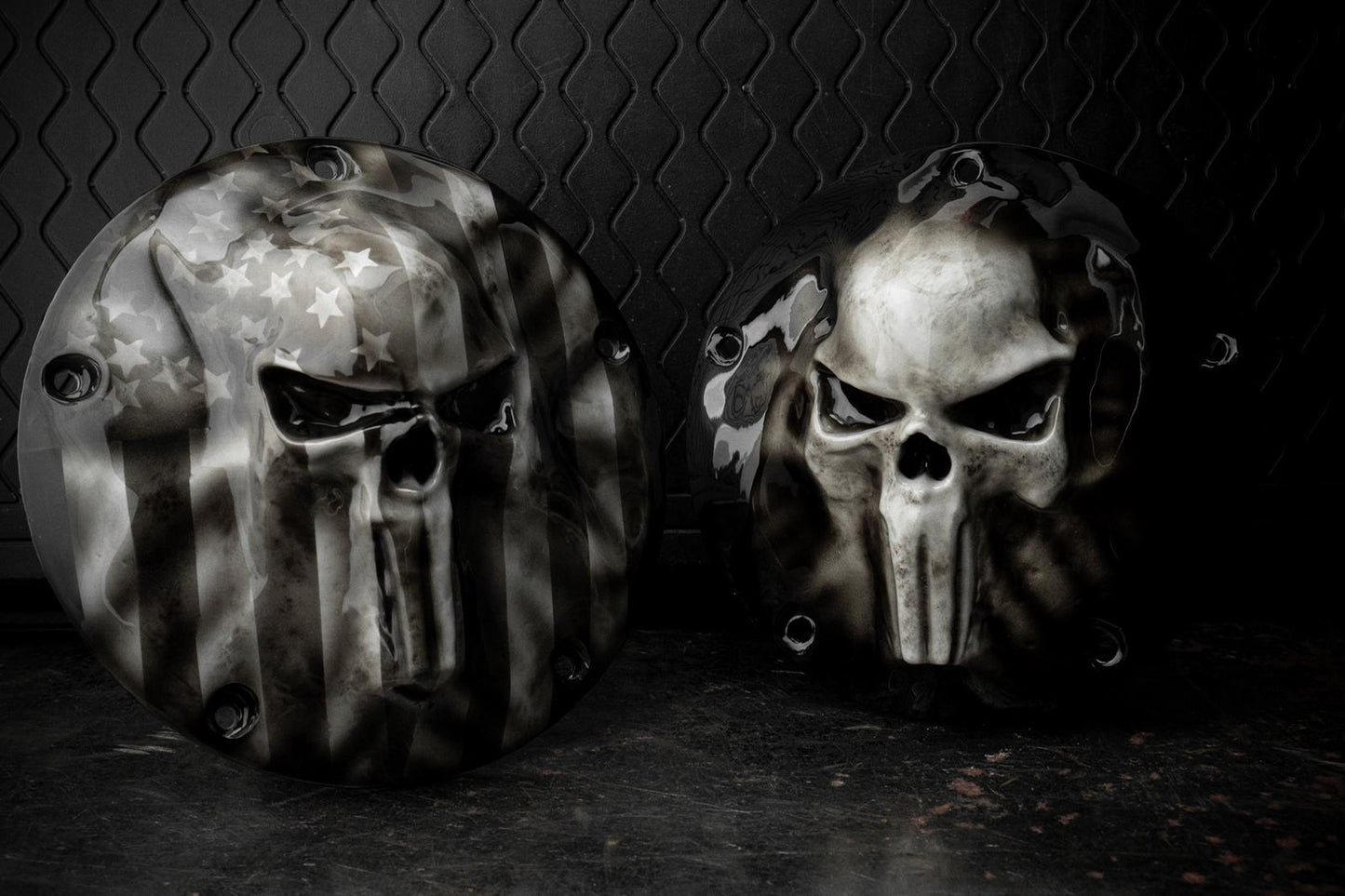 Punisher skull stretching through flag Harley derby and points cover