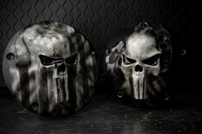 Punisher skull stretching through flag Harley derby and points cover