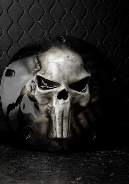 GHOSTED Punisher skull stretching through flag Harley derby and points cover