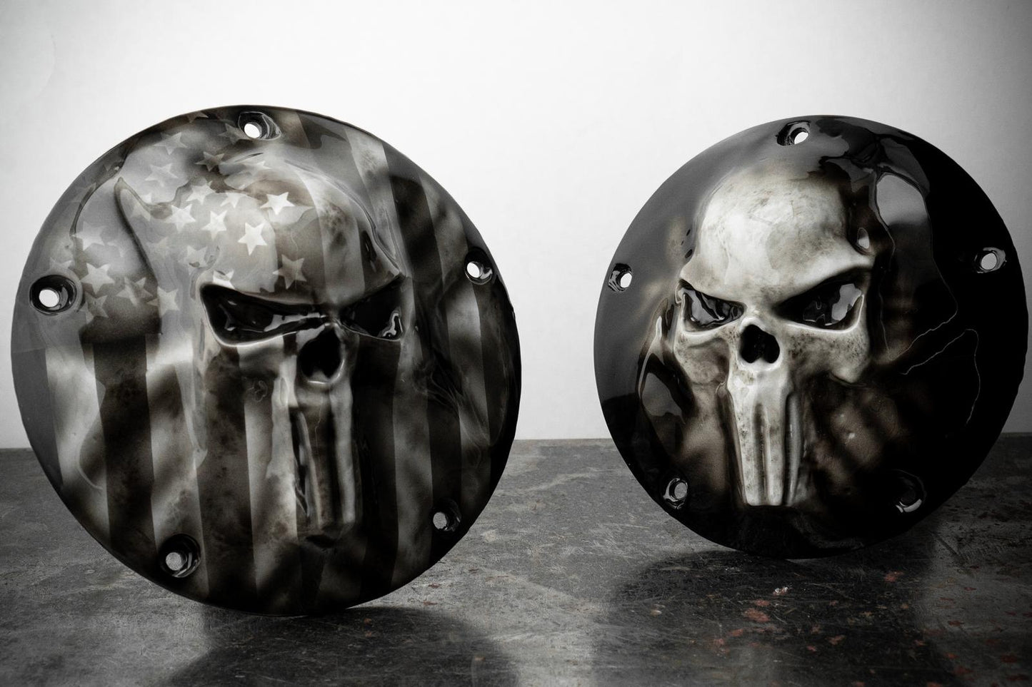 Punisher skull stretching through flag Harley derby and points cover