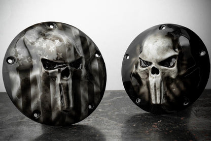 GHOSTED Punisher skull stretching through flag Harley derby and points cover
