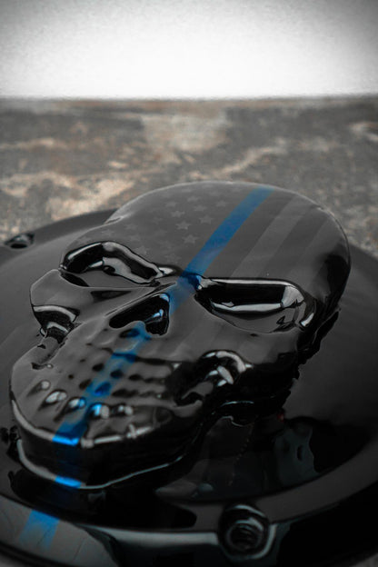 Points and Derby cover with Thin blue line ghosted American flag gloss black background