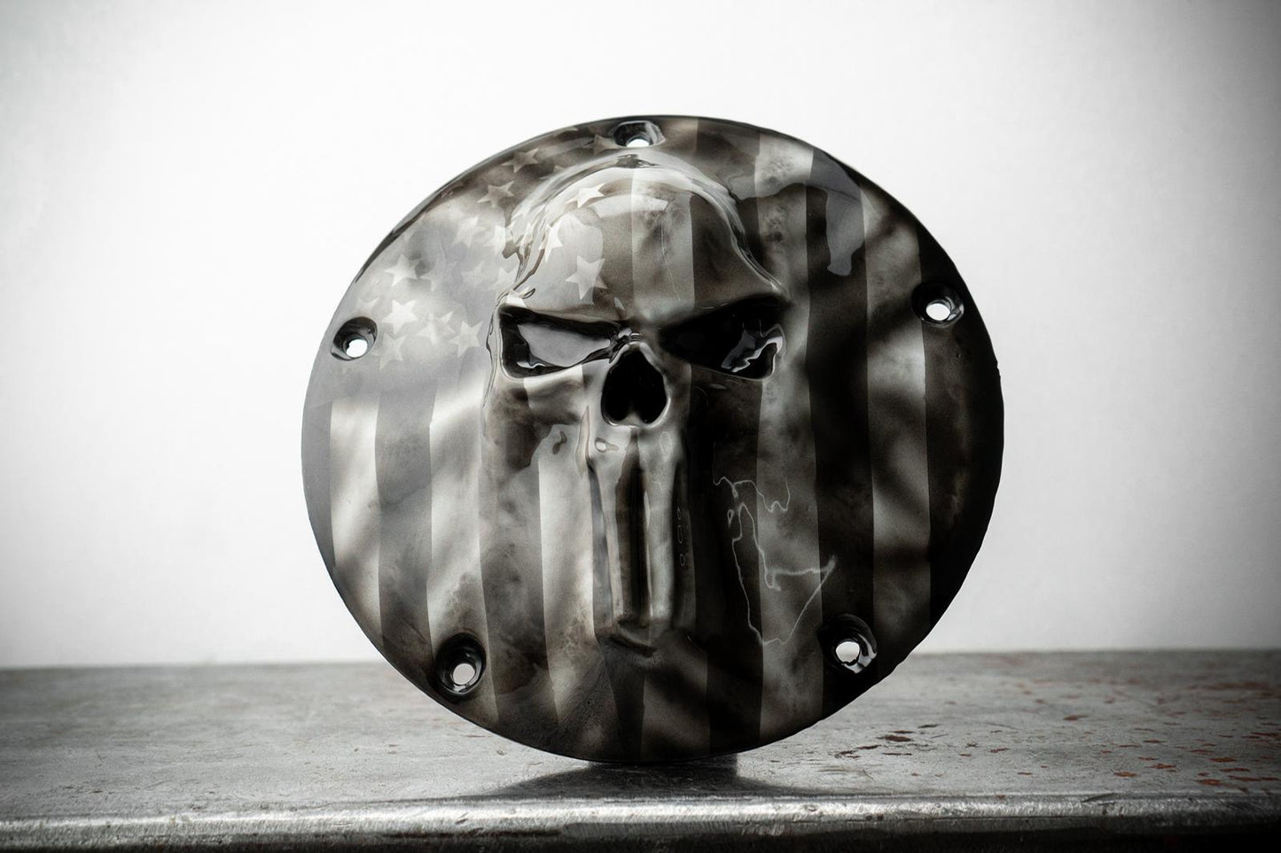 Punisher skull stretching through flag Harley derby and points cover