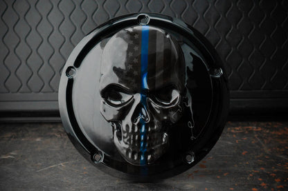 Points and Derby cover with Thin blue line ghosted American flag gloss black background