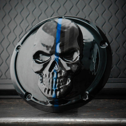 Points and Derby cover with Thin blue line ghosted American flag gloss black background