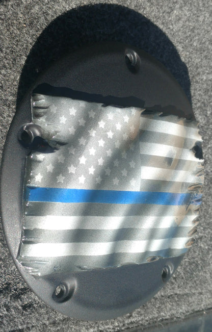 3D tattered Thin Blue Line Harley derby cover flat background