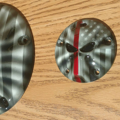 Punisher skull and firefighter themed derby and points covers