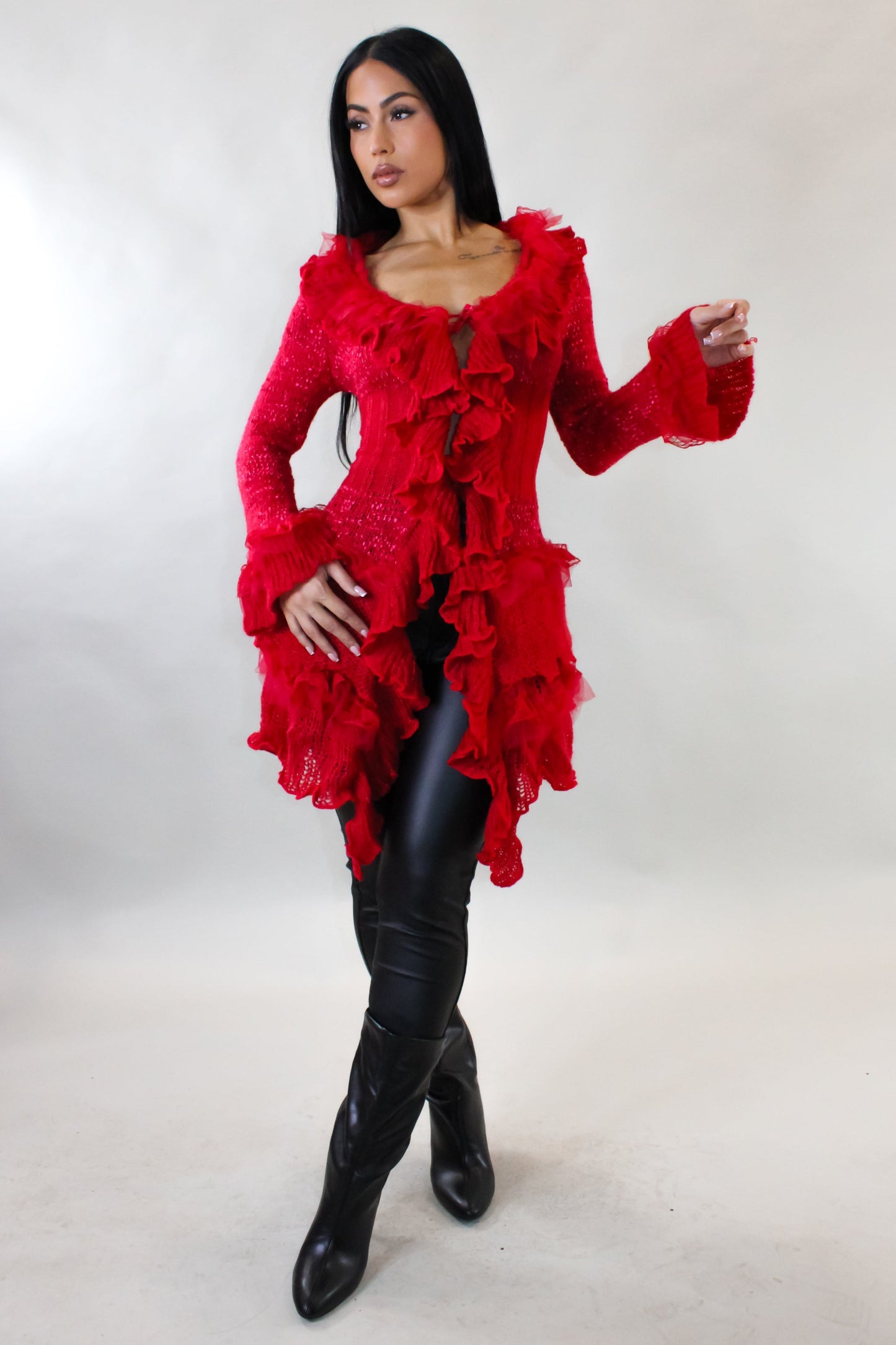 Playful Mood Ruffled Top Overlay/Cardigan- Red