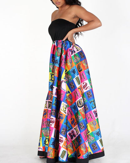 Black & Multicolor Multiprint Tube Maxi  Dress