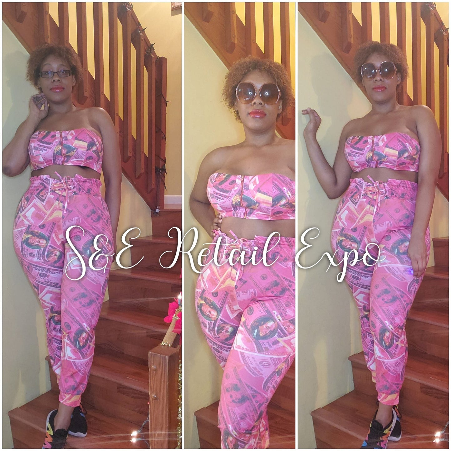 "Money Money Money" USA $100 Bill Pink Cropped Top & Pants Set